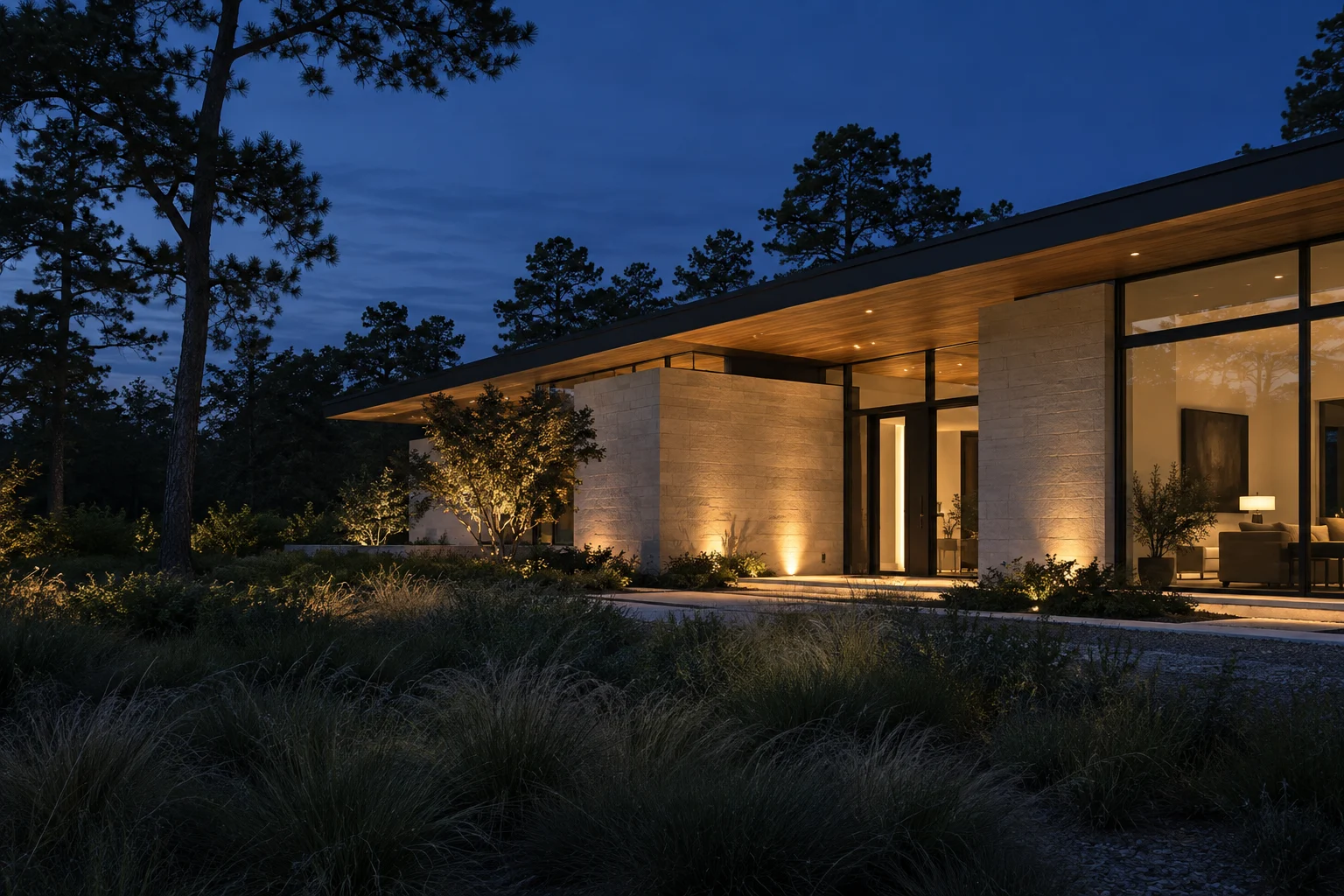 Contemporary home with warm architectural lighting beneath a blue evening sky