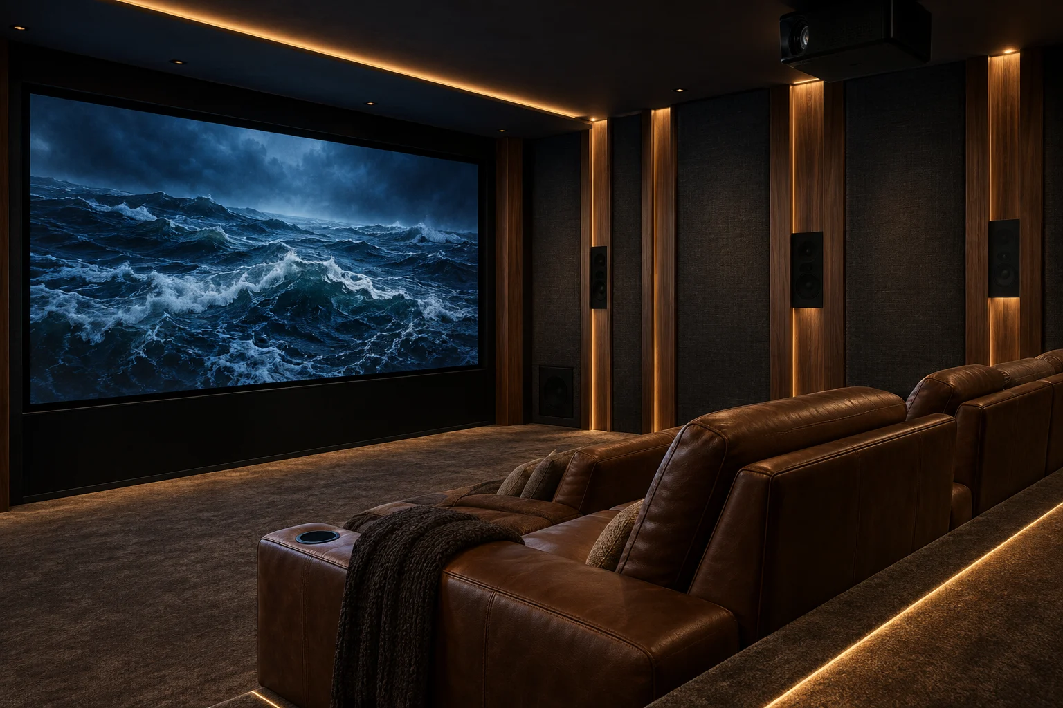 Private cinema with leather seating, acoustic walls and a wide screen