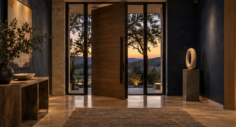 Architectural entry with an open door