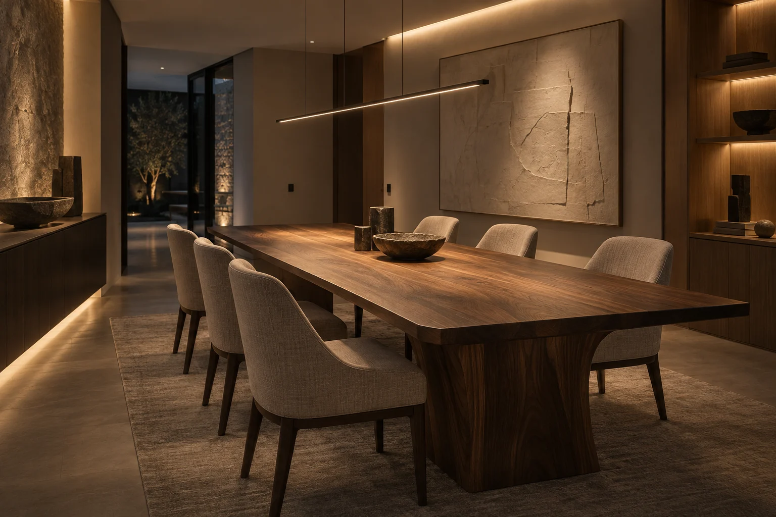 Dining room with layered architectural lighting